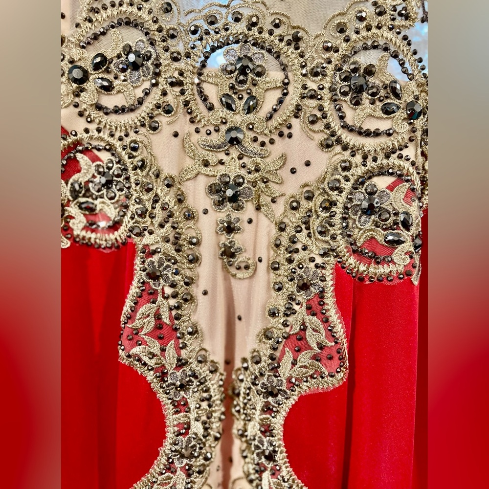 Stunning Red Gown with Nude beaded Top and Train. - Picture 12 of 17